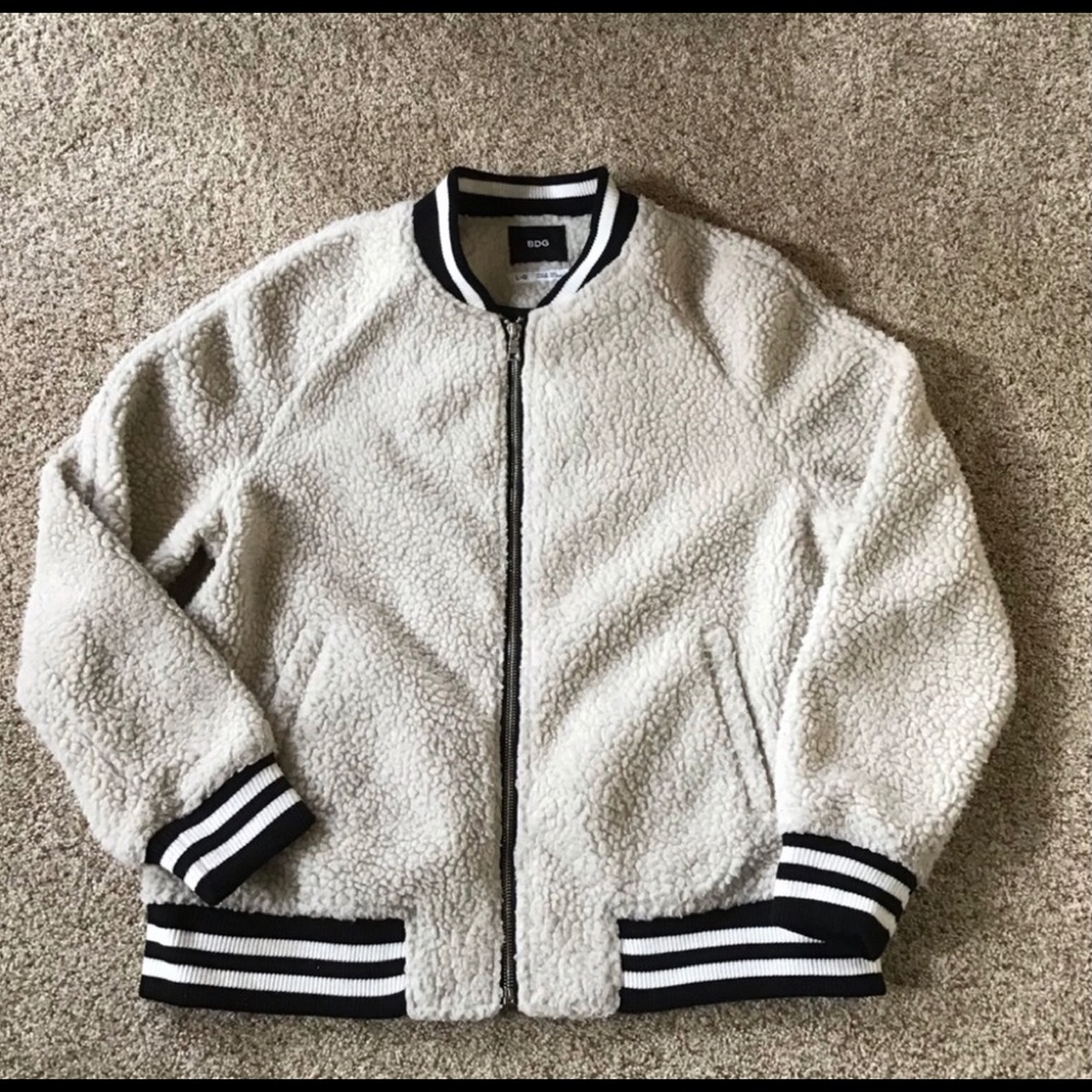 BDG Teddy Bear Fleece Varsity Bomber Jacket